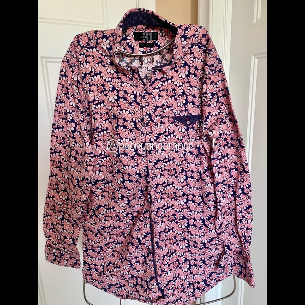 M: Le 31 Floral Art Print Men’s dress shirt.  Size M, Neck Size 14.5R Slim …